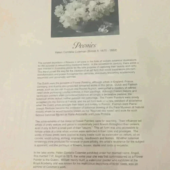 Laurel Ink Peonies Helen Cordelia Coleman - British 1875-1882 -Puzzle 18X24 - Picture 2 of 4